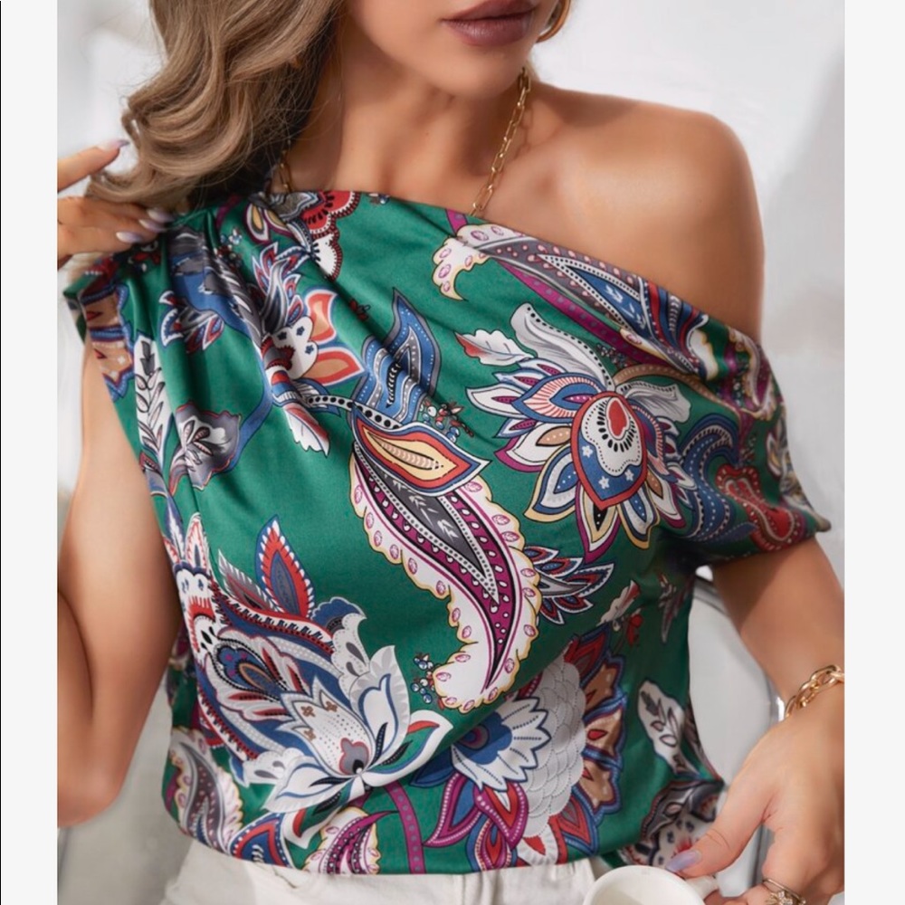 Boho Paisley Floral Print Asymmetrical Neck Dolman Sleeve Off Shoulder Top - Picture 1 of 10